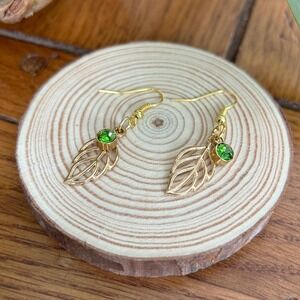 Gold Leaf Dangle Earrings with Green Rhinestone Accent Cute Fashion